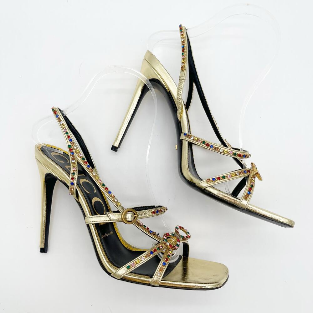 Gucci Carmen Crystal Embellished Gold Leather Bow High Heel Sandals EU 38.5 - Picture 4 of 13
